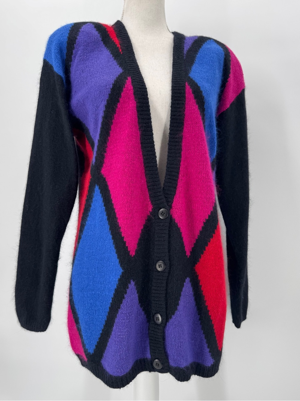 Vintage Worthington Silk & Angora Colorful Harlequin Argyle Cardigan